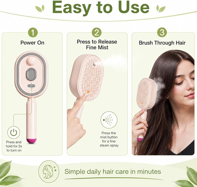 Steam Hair Brush – Nano Mist + Oil Infusion | Rechargeable Detangling Tool for Frizzy Hair