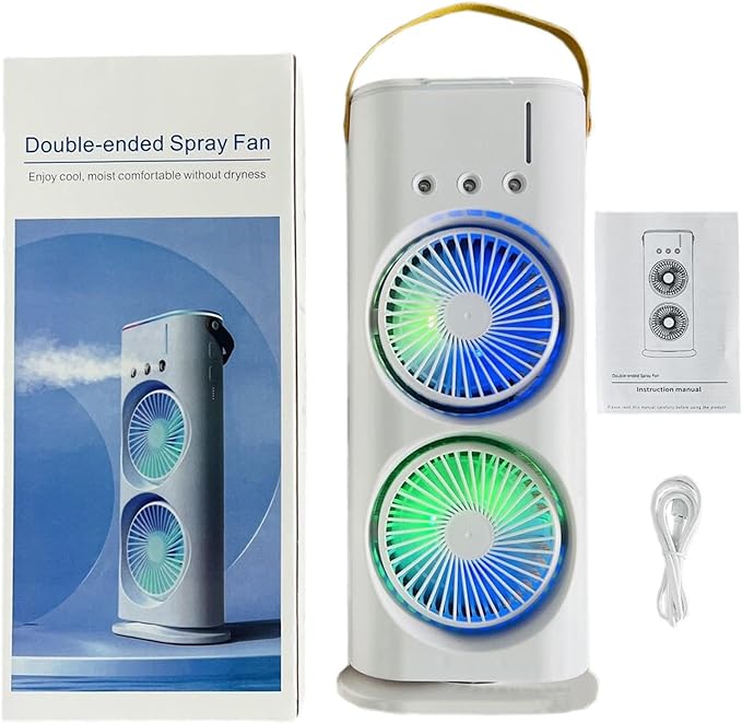 Double Ended Spray Fan – Portable USB Rechargeable Cooling Mist Fan with LED Lights