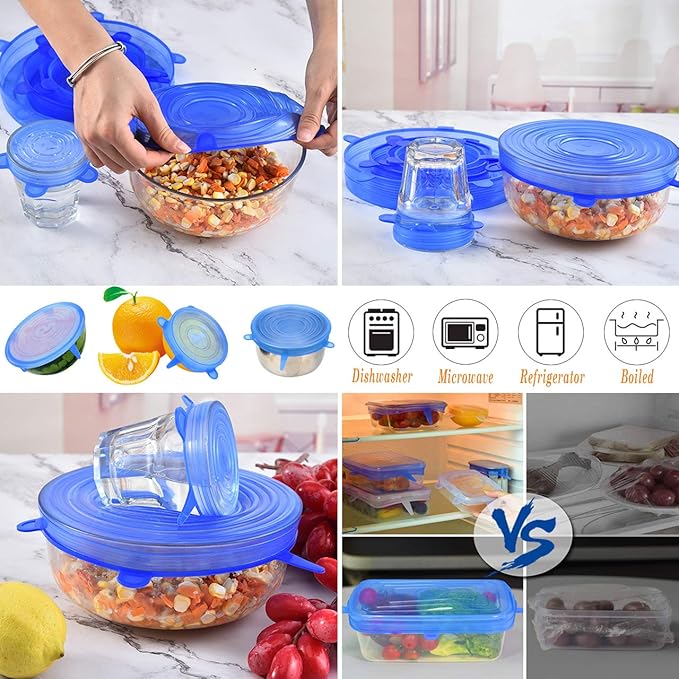Silicone Stretch Lids with Bowl Set (Pack of 6) – Reusable Airtight Food Covers for Kitchen Storage