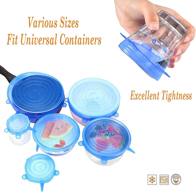 Silicone Stretch Lids with Bowl Set (Pack of 6) – Reusable Airtight Food Covers for Kitchen Storage