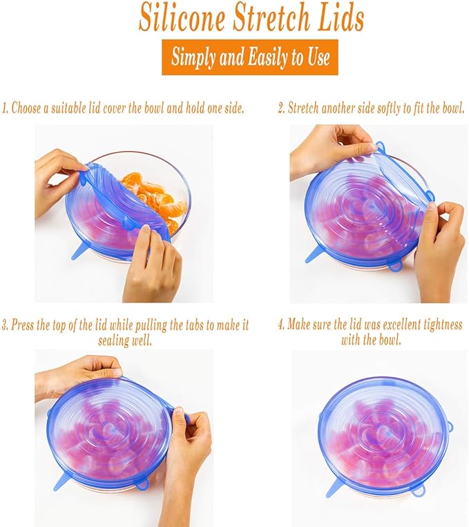 Silicone Stretch Lids with Bowl Set (Pack of 6) – Reusable Airtight Food Covers for Kitchen Storage